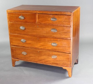A Georgian mahogany chest, the top crossbanded and with ebony and satinwood stringing, fitted 2 short and 3 long drawers with brass plate handles, raised on bracket feet 101cm h x 107cm w x 50cm d (formerly the top of a chest on chest) 