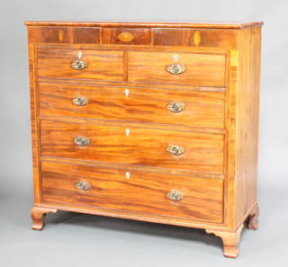 A Georgian inlaid mahogany chest, the top fitted a secret drawer above 2 short and 3 long drawers with brass drop handles and ivory escutcheons, raised on bracket feet 127cm h x 128cm w x 54cm d  