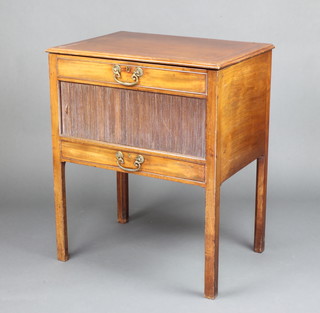 A 19th Century mahogany enclosed washstand the interior fitted various bowl receptacle the base cupboard enclosed by a tambour shutter above 1 long drawer raised on square tapered supports 84cm h x 71cm w x 50cm d 