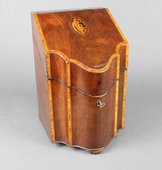 A Georgian inlaid mahogany knife box of wedge form, having a fitted interior and crossbanding 36cm h x 23cm w x 27cm d 
