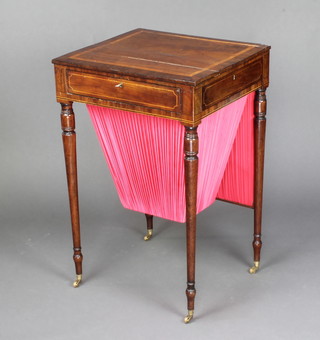 A 19th Century inlaid mahogany work/writing table with crossbanded top, fitted a candle slide, screen, writing drawer and deep basket, raised on turned supports 80cm x 52cm x 47cm 