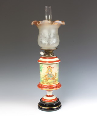 A Victorian ceramic oil lamp, the cylindrical body decorated with a figure on a camel with later glass shade and funnel 65cm 