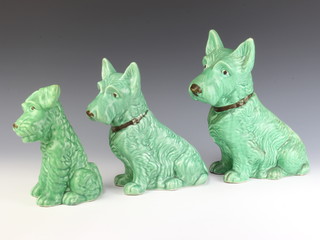A Sylvac green terrier 1379 20cm, a ditto 1208 23cm and another 1209 26cm 