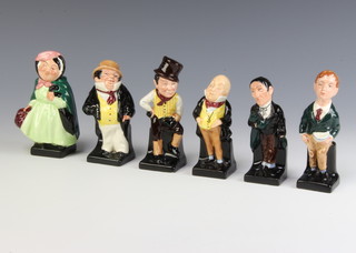 6 Royal Doulton Dickens figures - Oliver Twist 11cm, Stiggins 11cm, Captain Cuttle 11cm, Sam Weller 11cm, MaCawber 10cm and Sairey Gamp 10cm 