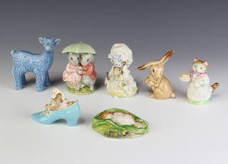 Five Beswick Beatrix Potter figures - Kimmy Willy Sleeping 9.5cm, Lady Mouse and Tailor of Gloucester 10cm, The Old Woman Who Lived in a Shoe 10cm, Goody and Timmy Tiptoes 11cm and Ribby 9cm together with a Sylvac goat and rabbit