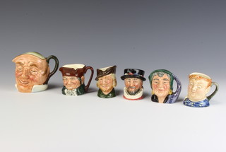 Six Royal Doulton character jugs - Farmer John 8cm, Auld Charlie 6cm, The Fortune Teller D6523 6cm, Beefeater 6cm, Fat Boy 6cm and Robin Hood 6cm