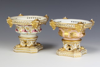 A near pair of 19th Century Crown Derby pot pourri bases with masks, scrolling flowers and claw feet on quatrefoil bases 10cm 