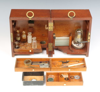 A 19th Century rectangular mahogany box containing a glass spirit burner, various plane slides and bottles 19cm h x 16cm x 17cm 