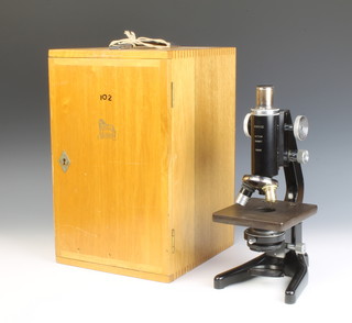 Watson Barnet, a Service no.129693 single pillar microscope, contained in a beech carrying case and with service certificate dated 24th August 1960  