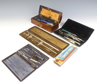 A Victorian arched inlaid rosewood pencil box and a collection of pencils 7cm x 24cm x 9cm, 2 part geometry sets and 1 other drawing instrument boxed 