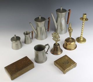 A 4 piece Real Pewter coffee service comprising coffee pot, hot water jug, sugar bowl and cream jug of waisted form, the base marked Real Pewter Etain Pur together with a pewter half pint tankard, 2 brass bells, candlesticks and 2 trinket boxes 