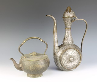 A Persian "engraved" metal coffee pot 34cm x 15cm x 9cm (base missing) together with a silver plated spirit kettle by Hewkin and Heath 