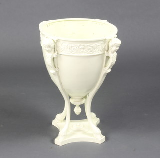 A circular Adam style white painted metal planter raised on hoof supports with triform base 52cm h x 35cm diam. 