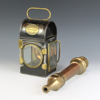McGregor & Co. Rob Roy Works Dundee, a 19th Century brass and steel fire engine lamp 22cm x 10cm x 12cm (The interior burner is missing and there is damage to the lock) together with a John Morris & Sons Salford a copper and brass fire hose nozzle  30cm 
