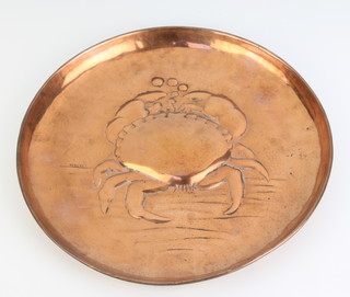 Newlyn, a circular embossed copper tray decorated a crab 22cm 