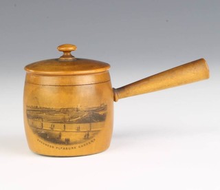 A Mauchline ware thimble case in the form of a saucepan, the interior with silver thimble, decorated Skegness Pleasure Gardens 5cm x 4cm diam. 
