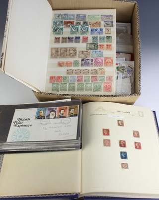 A blue album containing 6 penny reds and other Victorian and later used and mint GB stamps, a stock book of Commonwealth used stamps, an album of GB first day covers, PHQ cards etc  