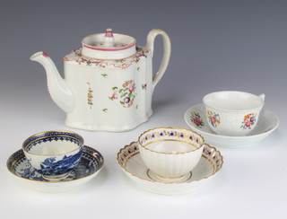 An 19th Newhall teapot of serpentine form, an 18th Century Caughley blue and white tea bowl and saucer, 1 other, a 19th Century tea cup and saucer 