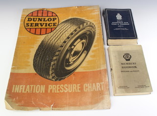 A 1928/29 Royal Automobile Club Guide and Handbook, a post-war edition of the Automobile Association England and Wales Handbook and a Dunlop Services tyre information chart 1956 