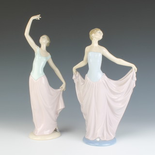 A Lladro figure of a lady holding aloft her dress 30cm, a Nao ditto 34cm