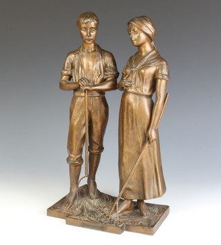 A French spelter figure Angelus of 2 standing gardeners 38cm x 22cm x 14cm 