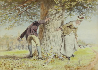 Watercolour drawing, "Rural Pastimes", study of a couple playing hide and seek by a tree, label to the reverse marked Liniacke James Lawlor Prize for drawing 1873  26cm x 35cm 