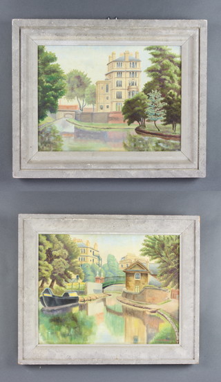 L Monnard, 20th Century oil painting on canvas signed, Little Venice, Regents Canal, the reverse dated 1953 28cm x 39cm together with a Louis Monnard oil on canvas signed, "Westbourne Terrace and Toll House Regents Canal"  34cm x 44cm 