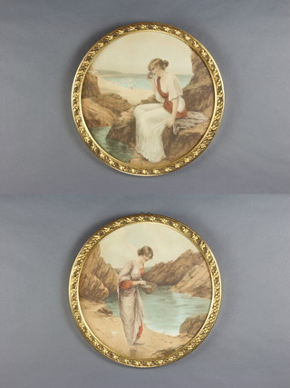 A pair of Edwardian circular prints, ladies in beach settings in fancy gilt frames 39cm 
