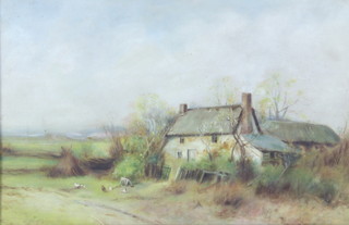 Stannard, oil on canvas, unsigned rural scene with country cottage and chickens 28cm x 44cm contained in a gilt frame
