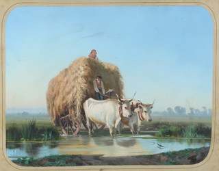 UVA, gouache signed, Continental study of a farmer with oxen and a cart of hay 39cm x 51cm 

