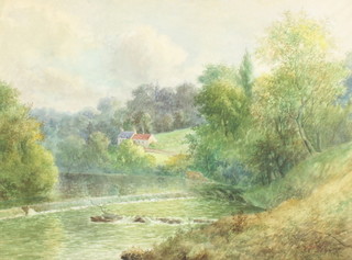 J Chalmers, an Edwardian watercolour drawing, rural scene with trees and cottages in the distance, signed twice and dated 1905 44cm h x 59cm, contained in a decorative gilt frame 