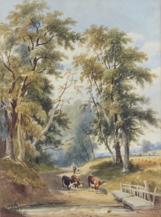 An 18th Century watercolour drawing, rural scene driving cows through a ford 32cm x 24cm  