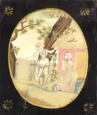A 19th Century silk work oval embroidery of 2 ladies before a thatched cottage in a Hogarth mount 41cm x 31cm 