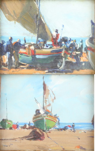20th Century oils, on board, indistinctly signed Arnot?, coastal scenes with figures and boats 8.5cm x 11cm 