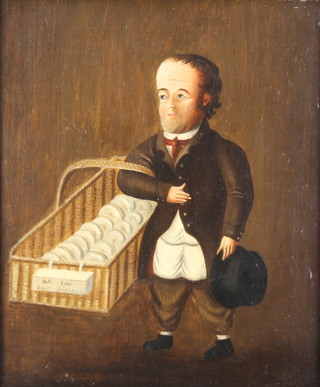 A 19th Century naive oil on board, study of a male sweet seller with 22cm x 18cm 