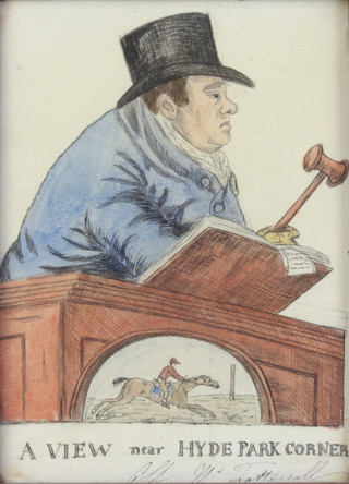 A 19th Century watercolour, study of an auctioneer, a view near Hyde Park Corner, Tattersall 19cm x 13cm 