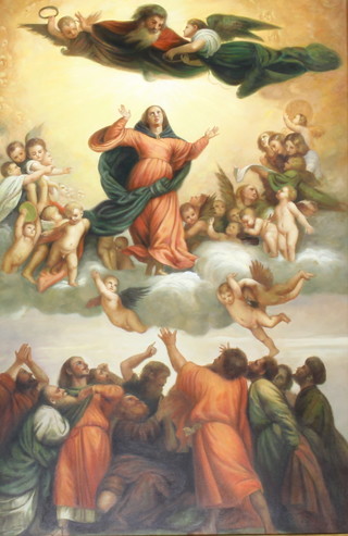 After Titian (1489-1576), modern oil on canvas, unsigned, "Assumption of the Virgin"  90cm x 60cm contained in a gilt frame 