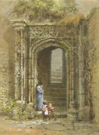 Louise J Rayner, (1832-1924) watercolour, signed, a mother and children before a stone gateway 23cm x 18cm  