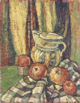 Vincent, oil on canvas, impressionist still life study of a jug with fruit, unframed, 46cm x 36cm 