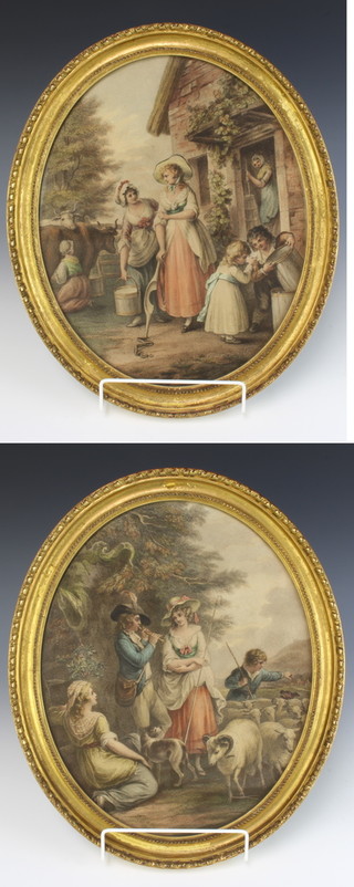 Edwardian, prints, ovals, a pair, figures at play, 32cm x 26cm