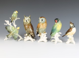 A Continental figure of a Parakeet 14cm and 5 other bird figures