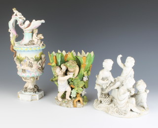 A German bisque porcelain figure group of children 1 sitting on a pedestal 19cm, a German porcelain spill vase in the form of 2 bacchanalian children 18cm and a German ewer decorated with children at pursuits 22cm 