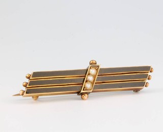 A Victorian 15ct yellow gold enamelled and seed pearl bar brooch 