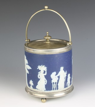 A Wedgwood blue Jasperware biscuit barrel with  plated mounts 15cm 