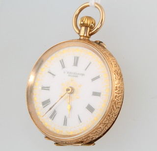 A lady's 14ct yellow gold fob watch with enamelled dial 
