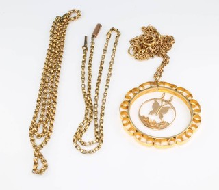 A 9ct yellow gold necklace and 2 others, a coin mount and a pendant, 28 grams