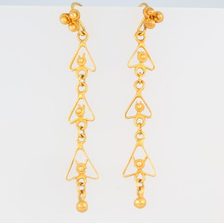 A pair of high carat yellow gold drop earrings 4.5 grams