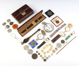 A leather jewellery box and minor costume jewellery and watches