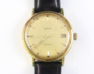 A gentleman's Omega gilt cased calendar wristwatch on a leather bracelet  
