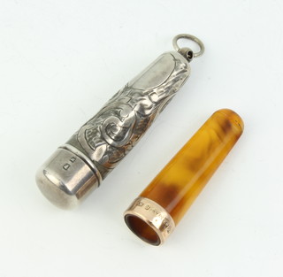 A silver cheroot case with gold mounted 'amber' holder  